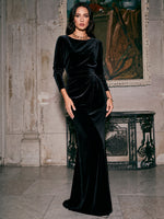 Velvet Mermaid Crew Neck Formal Dresses with Side Waist Ruched Shaping Detail