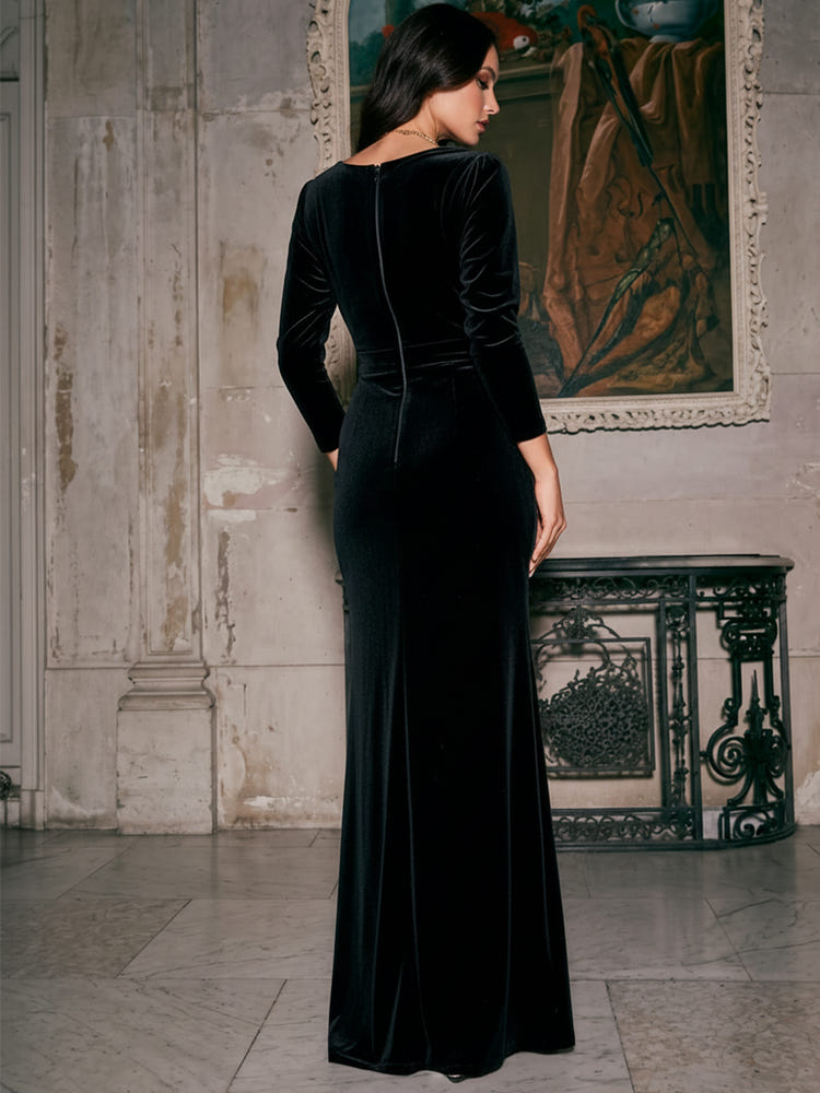 Velvet Mermaid Crew Neck Formal Dresses with Side Waist Ruched Shaping Detail