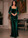 Velvet Mermaid Square Neck Formal Dresses with Side Waist Ruched Shaping Detail