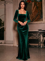 Velvet Mermaid Square Neck Formal Dresses with Side Waist Ruched Shaping Detail