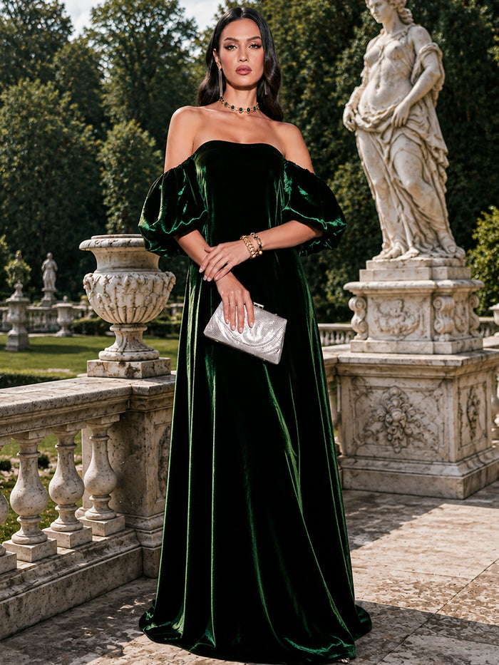 Velvet A-Line Off Shoulder Formal Dresses with Puff Short Sleeves