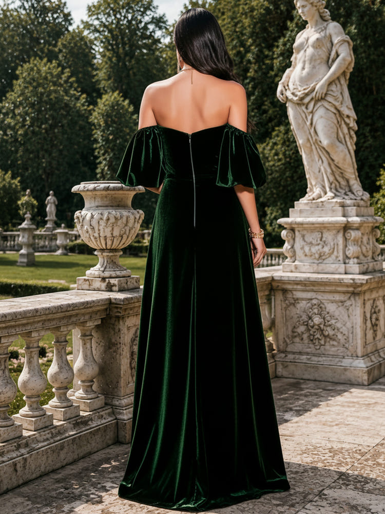 Velvet A-Line Off Shoulder Formal Dresses with Puff Short Sleeves