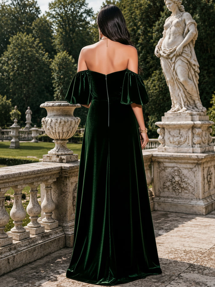 Velvet A-Line Off Shoulder Formal Dresses with Puff Short Sleeves