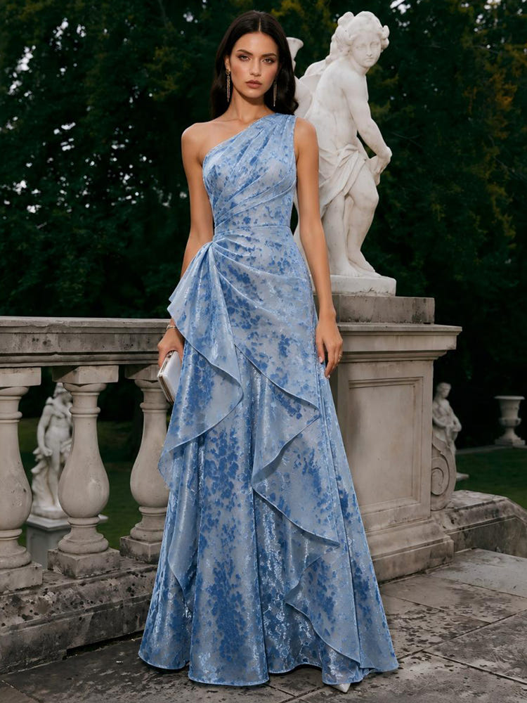 Burnout Velvet A-Line One Shoulder Formal Dresses with Ruffles