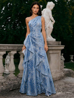 Burnout Velvet A-Line One Shoulder Formal Dresses with Ruffles
