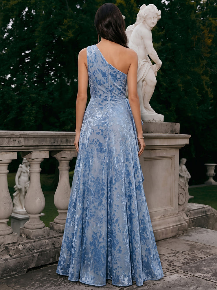 Burnout Velvet A-Line One Shoulder Formal Dresses with Ruffles