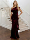 Velvet Mermaid One Shoulder Formal Dresses with Side Waist Ruched Shaping Detail