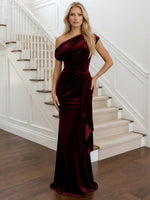 Velvet Mermaid One Shoulder Formal Dresses with Side Waist Ruched Shaping Detail