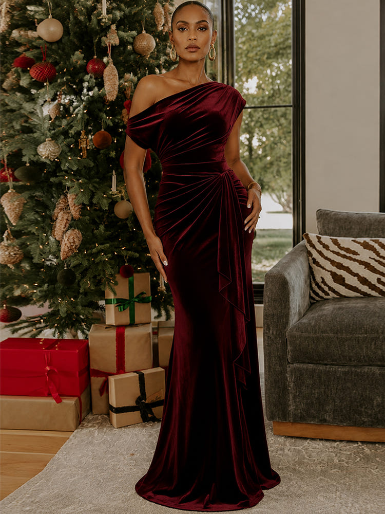 Velvet Mermaid One Shoulder Formal Dresses with Side Waist Ruched Shaping Detail