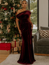 Velvet Mermaid One Shoulder Formal Dresses with Side Waist Ruched Shaping Detail