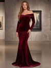 Velvet Mermaid Off Shoulder Formal Dresses with Pleated