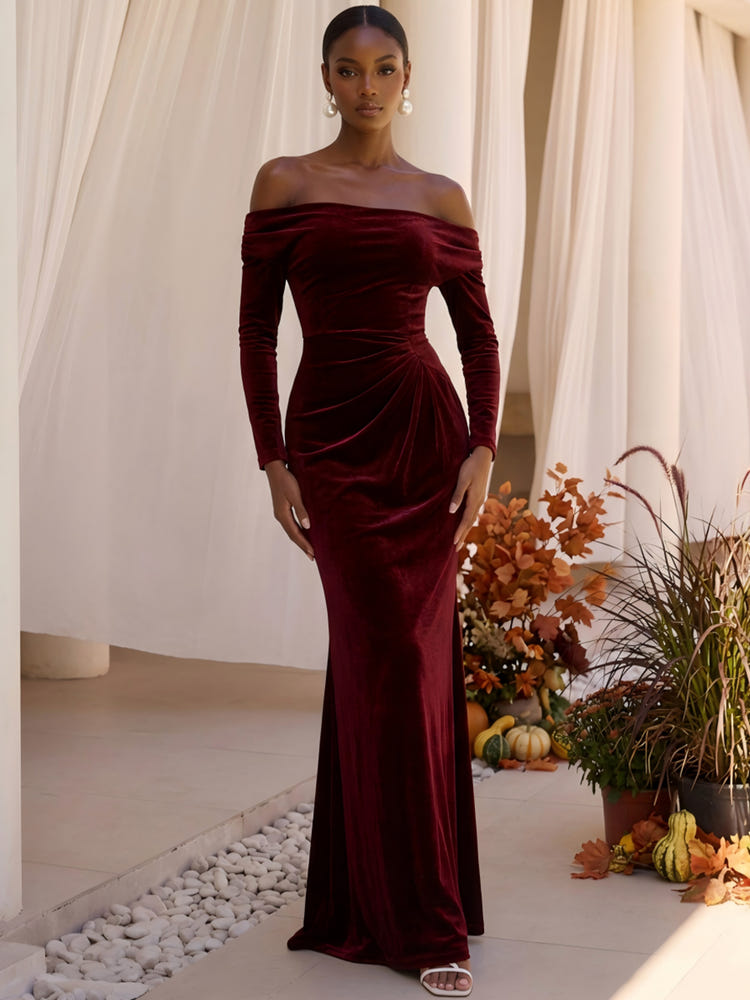 Velvet Mermaid Off Shoulder Formal Dresses with Side Waist Ruched Shaping Detail