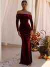 Velvet Mermaid Off Shoulder Formal Dresses with Side Waist Ruched Shaping Detail