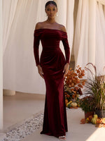 Velvet Mermaid Off Shoulder Formal Dresses with Side Waist Ruched Shaping Detail
