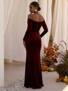 Velvet Mermaid Off Shoulder Formal Dresses with Side Waist Ruched Shaping Detail