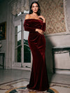 Velvet Mermaid Off Shoulder Formal Dresses with Side Waist Ruched Shaping Detail