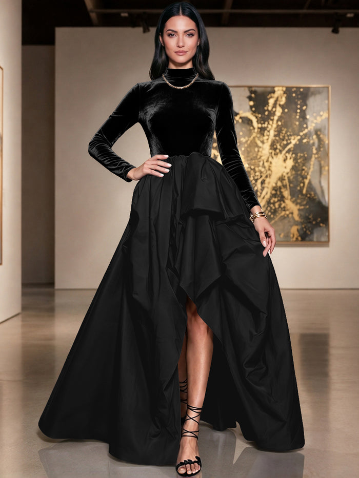 Velvet A-Line High Neck Formal Dresses with Side Slit
