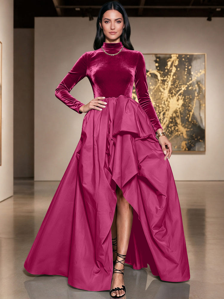 Velvet A-Line High Neck Formal Dresses with Side Slit