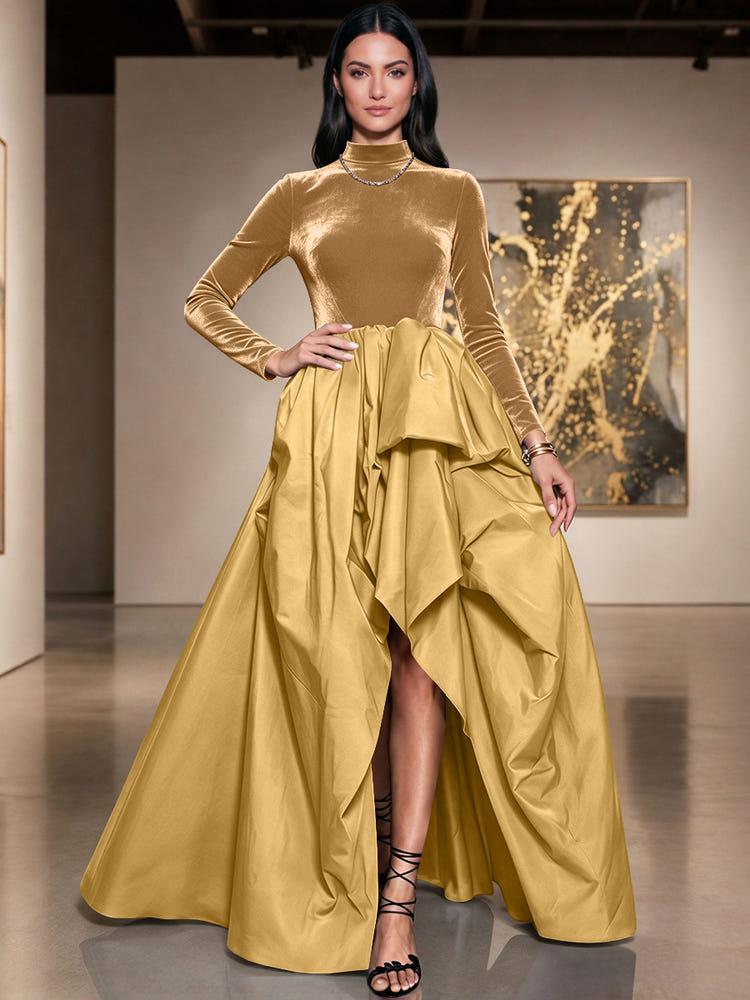 Velvet A-Line High Neck Formal Dresses with Side Slit