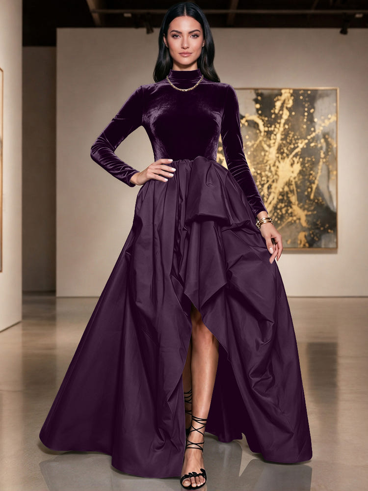 Velvet A-Line High Neck Formal Dresses with Side Slit