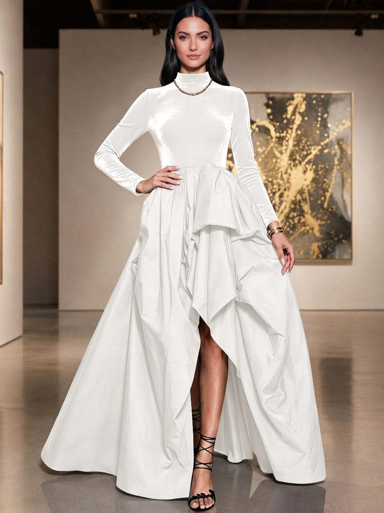 Velvet A-Line High Neck Formal Dresses with Side Slit