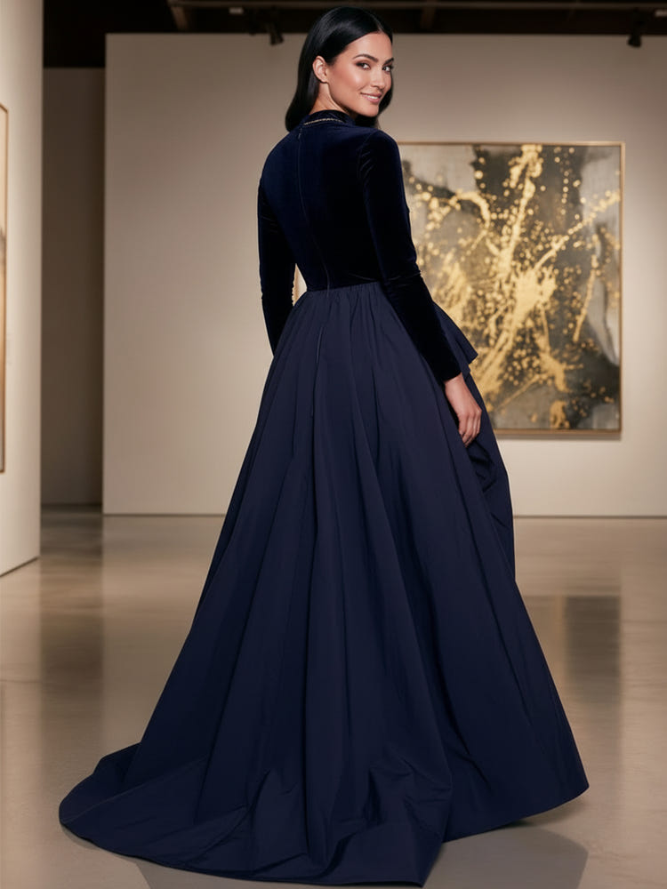 Velvet A-Line High Neck Formal Dresses with Side Slit