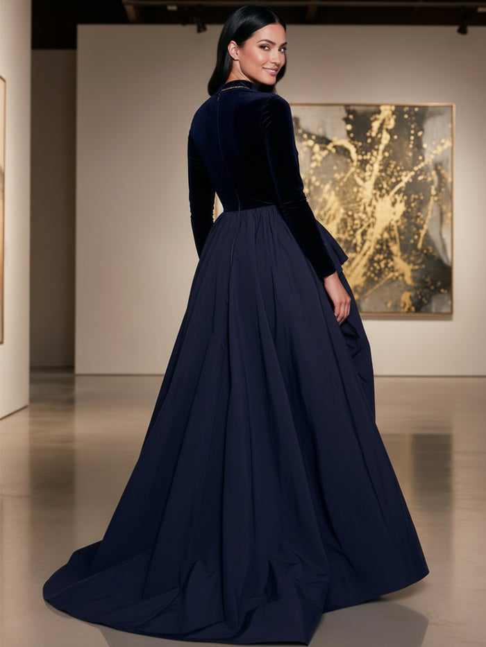 Velvet A-Line High Neck Formal Dresses with Side Slit