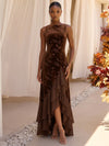 Burnout Velvet A-Line Boat Neck Formal Dresses with Ruffles