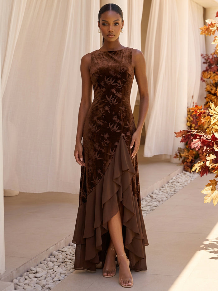 Burnout Velvet A-Line Boat Neck Formal Dresses with Ruffles