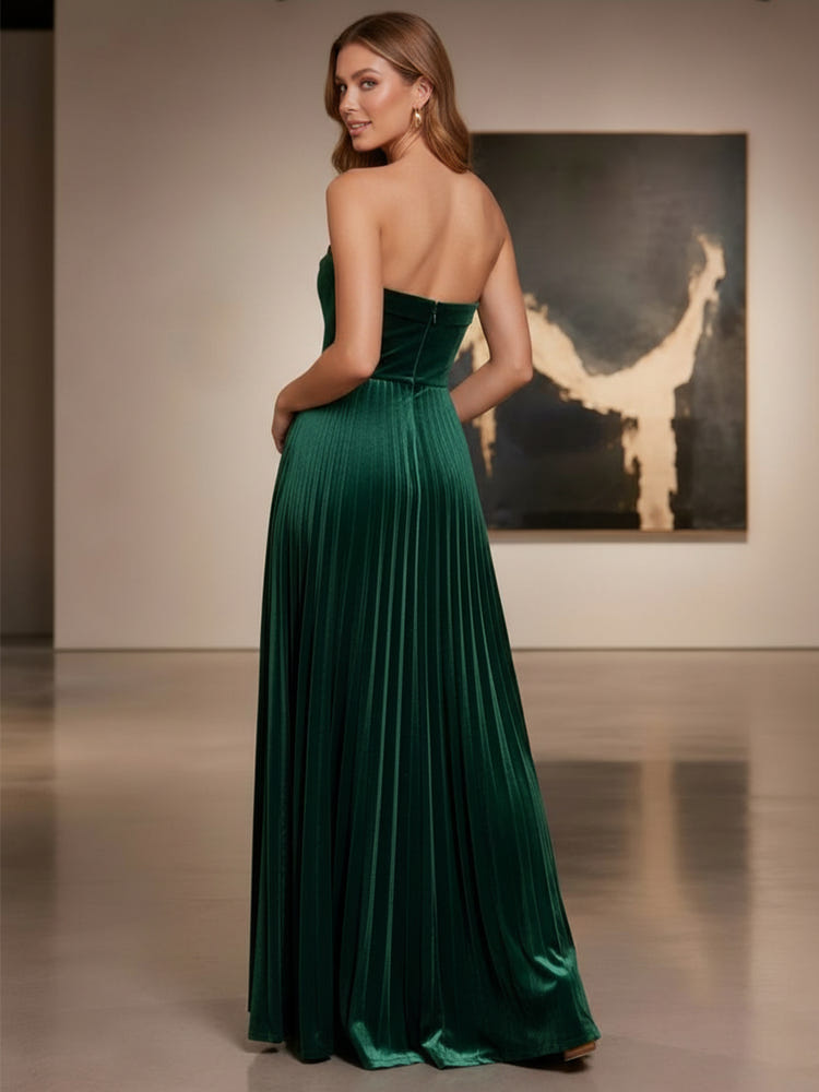 Velvet A-Line Strapless Formal Dresses with Delicate Pleated