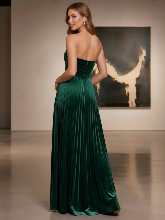 Velvet A-Line Strapless Formal Dresses with Delicate Pleated