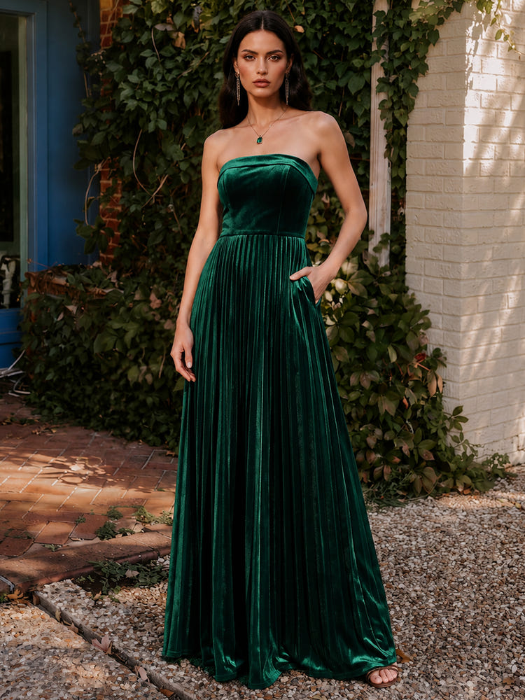 Velvet A-Line Strapless Formal Dresses with Delicate Pleated