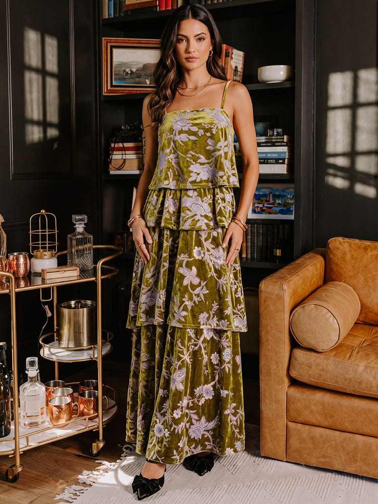 Burnout Velvet A-Line Spaghetti Straps Formal Dresses with Ruffles