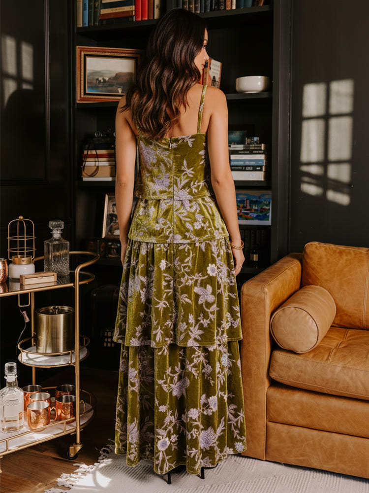 Burnout Velvet A-Line Spaghetti Straps Formal Dresses with Ruffles