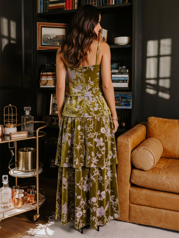 Burnout Velvet A-Line Spaghetti Straps Formal Dresses with Ruffles