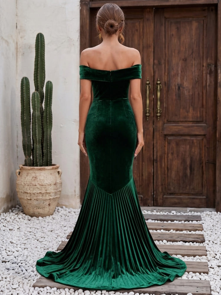 Velvet Mermaid Off Shoulder Formal Dresses with Delicate Pleated