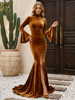 Velvet Mermaid High Neck Formal Dresses with Vintage Wide Bell Long Sleeves