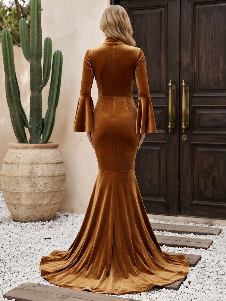 Velvet Mermaid High Neck Formal Dresses with Vintage Wide Bell Long Sleeves