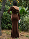 Velvet Sheath One Shoulder Formal Dresses with Side Waist Ruched Shaping Detail