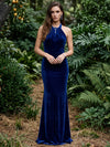 Velvet Sheath Halter Maxi Formal Dresses with Ruched