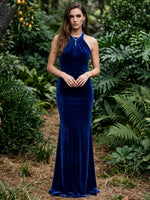 Velvet Sheath Halter Maxi Formal Dresses with Ruched