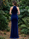 Velvet Sheath Halter Maxi Formal Dresses with Ruched