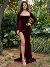 Velvet Mermaid Square Neck Maxi Formal Dresses with Side Slit