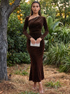 Velvet Bodycon Asymmetric Neck Maxi Formal Dresses with Side Waist Ruched Shaping Detail