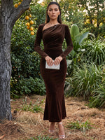 Velvet Bodycon Asymmetric Neck Maxi Formal Dresses with Side Waist Ruched Shaping Detail