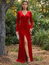 Velvet Mermaid V Neck Maxi Formal Dresses with Side Waist Ruched Shaping Detail