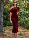 Velvet Mermaid One Shoulder Maxi Formal Dresses with Side Waist Ruched Shaping Detail
