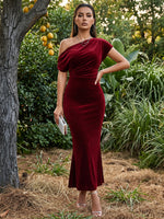 Velvet Mermaid One Shoulder Maxi Formal Dresses with Side Waist Ruched Shaping Detail