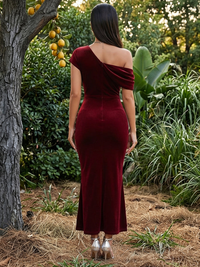 Velvet Mermaid One Shoulder Maxi Formal Dresses with Side Waist Ruched Shaping Detail