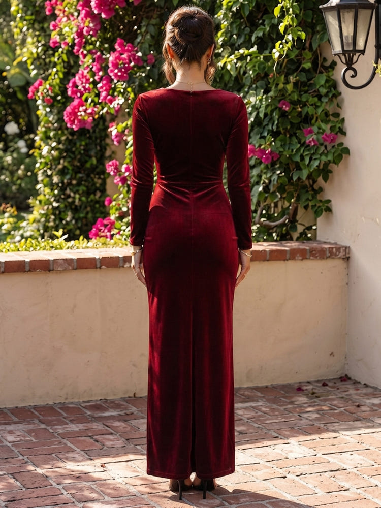 Velvet Sheath Sweetheart Maxi Formal Dresses with Side Waist Ruched Shaping Detail